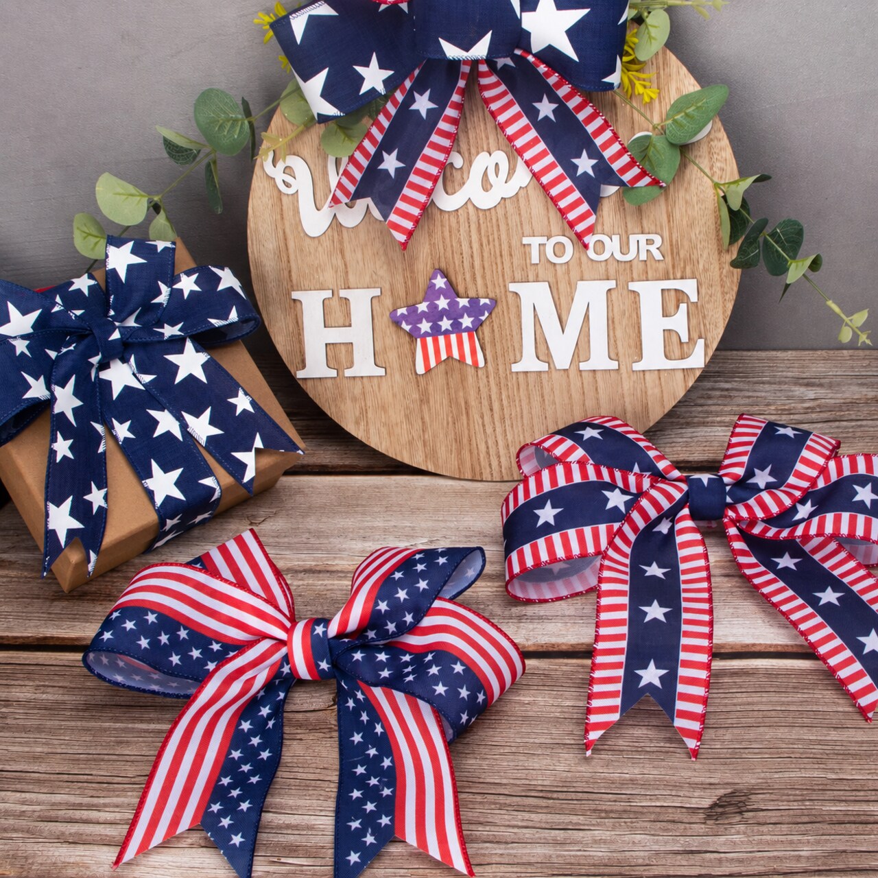 Patriotic Wired Ribbon Set – 6 Rolls Stars & Stripes Burlap Ribbon 2.5" x 30 Yards Total – Red White Blue Glitter Star Ribbon for Wreaths, Crafts, Bows & 4th of July Decorations